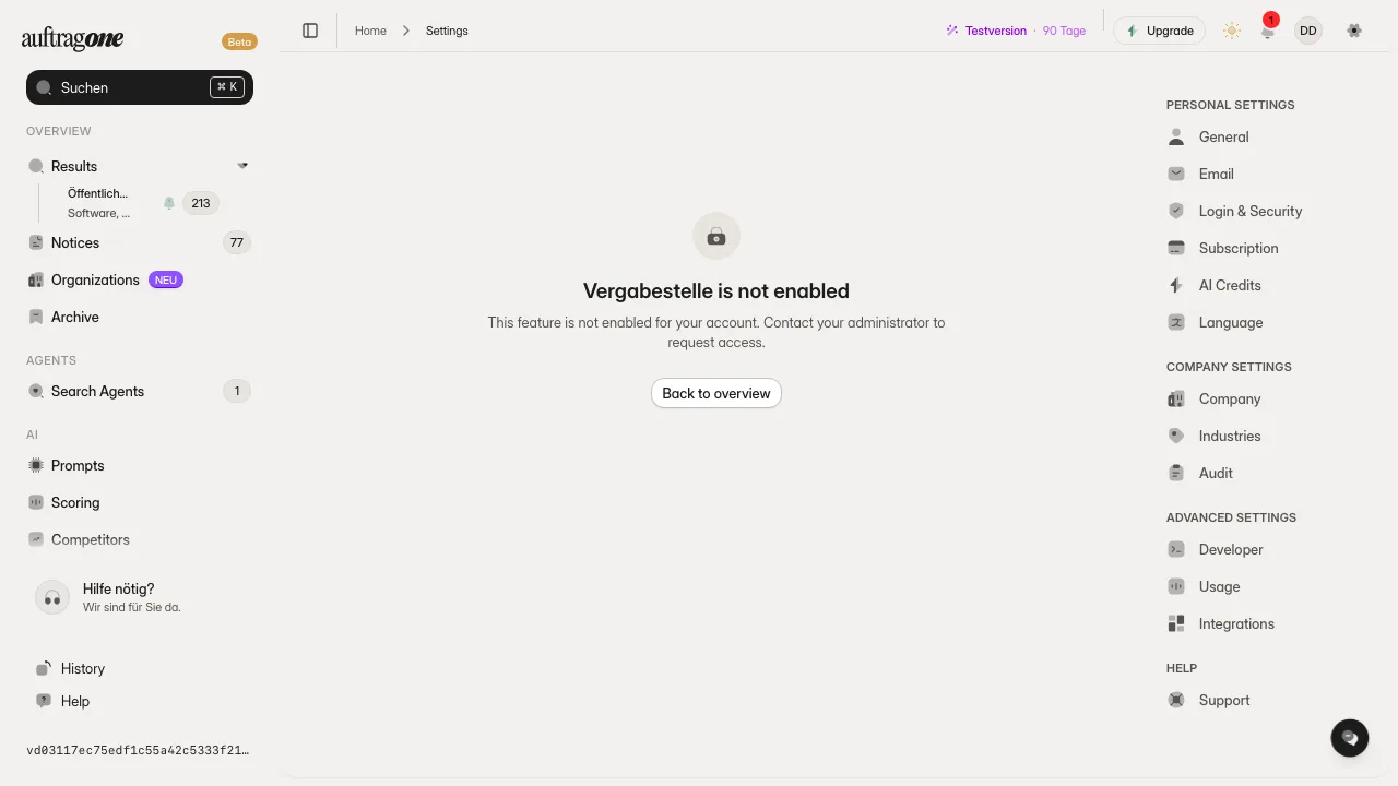 Seite Vergabestelle in den Einstellungen