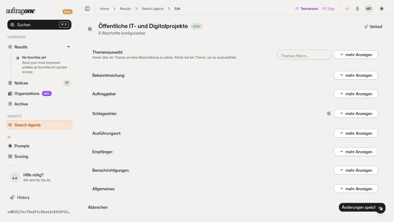 Bearbeitungsseite eines Suchagenten mit einklappbaren Abschnitten