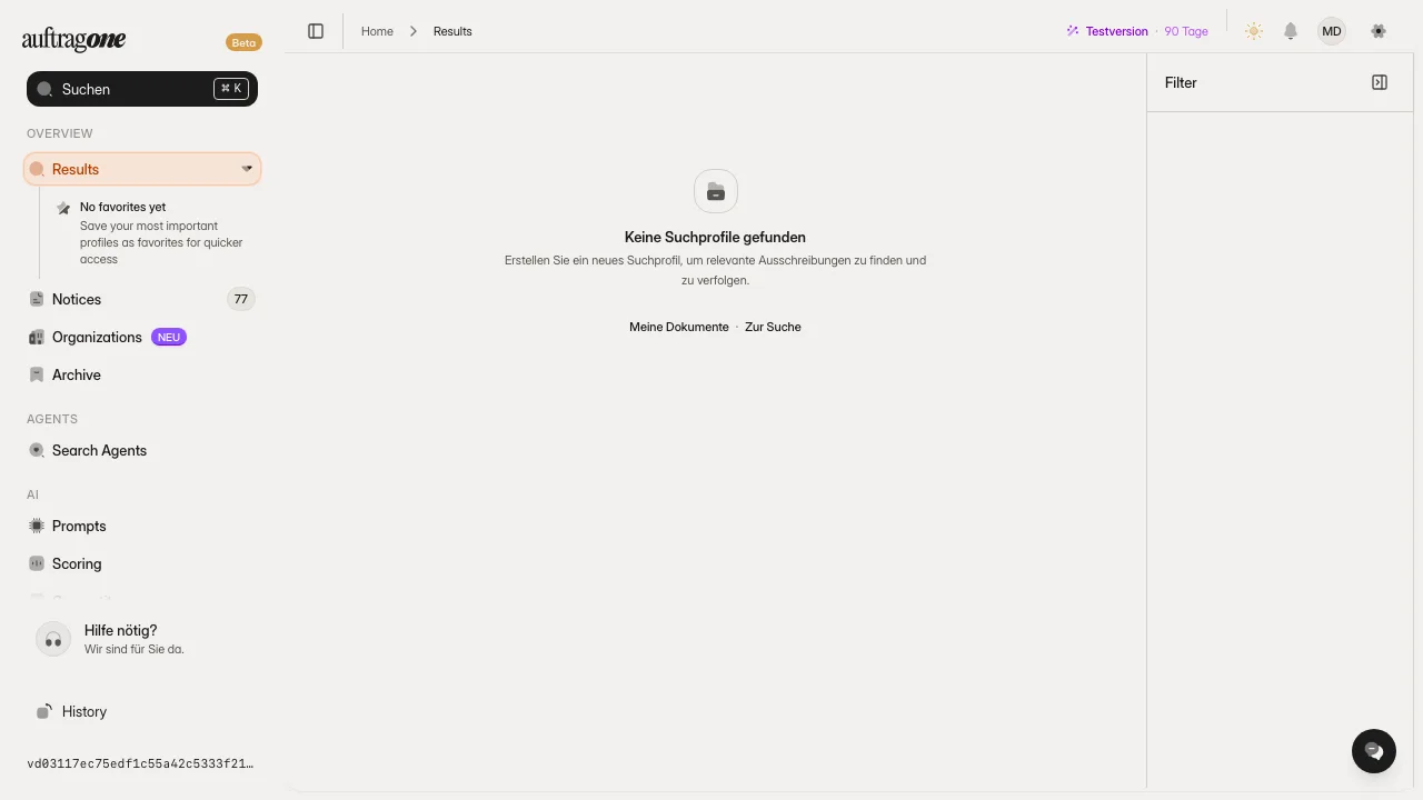 Trefferliste eines Suchagenten mit Filter-Seitenleiste und Favoriten in der Navigation